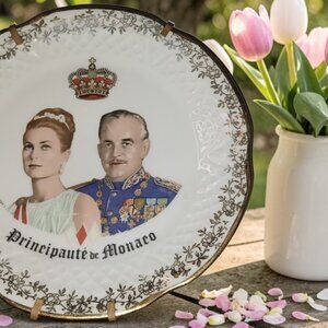 Vintage Monaco Grace Kelly Prince Rainier Porcelain Plate w Stand